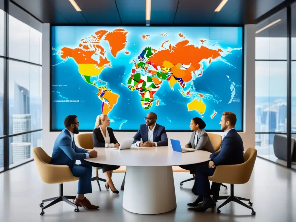 Un grupo diverso de profesionales de negocios discute de manera respetuosa y colaborativa en una sala de conferencias moderna, con un mapa mundial y banderas internacionales en la pared