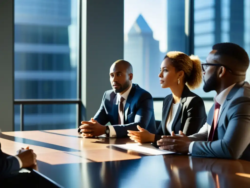 Un grupo diverso de profesionales de negocios discute en una reunión, mostrando la tensión entre ganancias y principios éticos