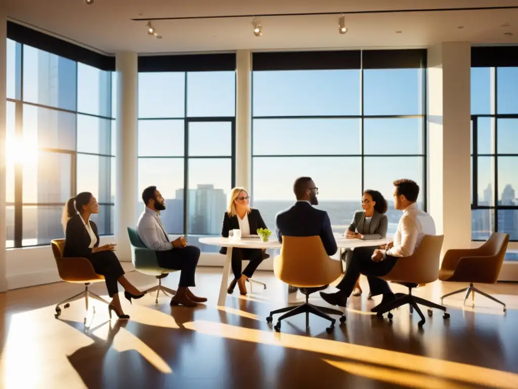 Un grupo diverso de profesionales discute animadamente en una oficina moderna y luminosa