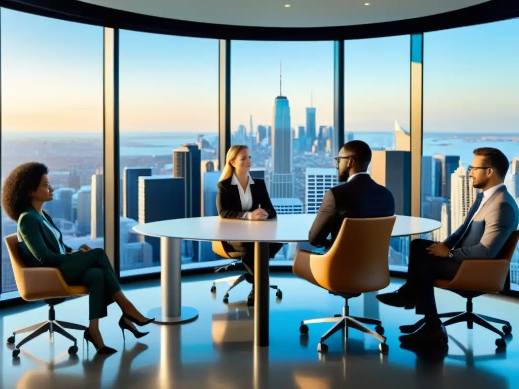 Un grupo diverso de profesionales participa en una reunión de mesa redonda en una sala moderna con vista a la ciudad