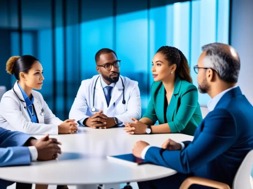 Un grupo diverso de profesionales de la salud discute la Ética en la IA del cuidado de la salud, rodeados de tecnología médica avanzada