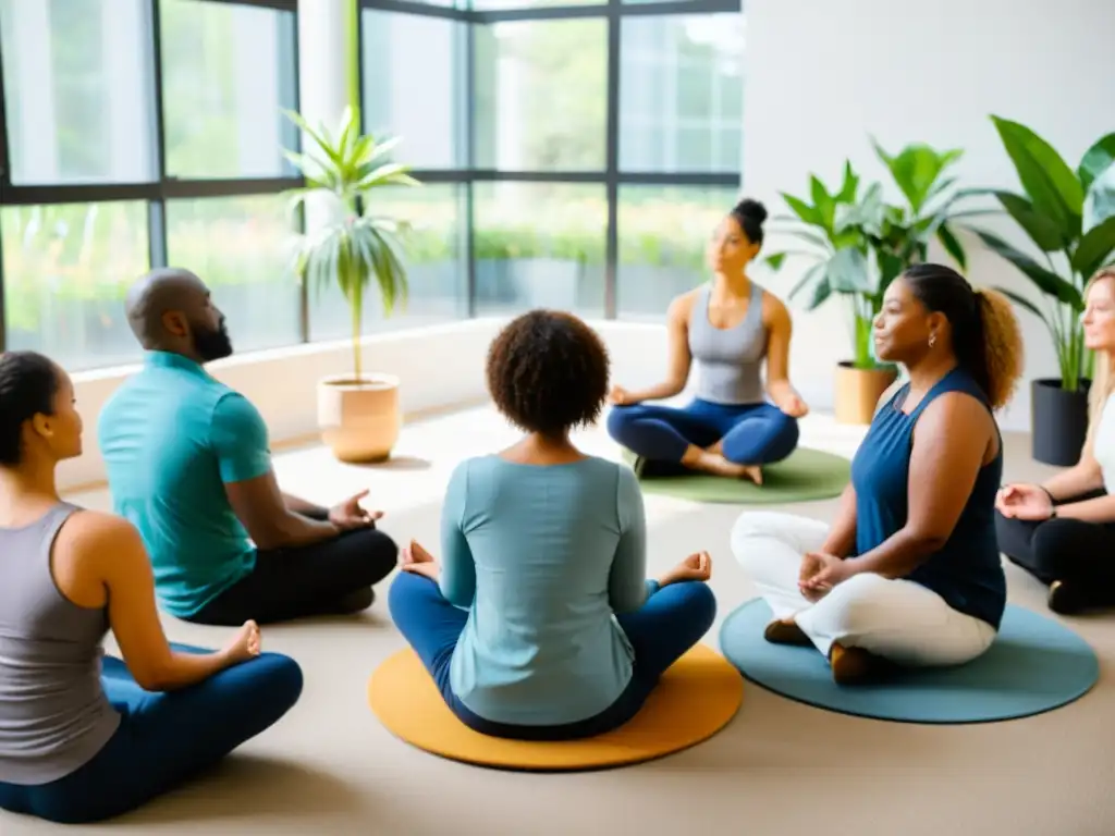 Un grupo diverso de profesionales participa en un taller de liderazgo y mindfulness, desarrollando habilidades directivas con autenticidad y serenidad