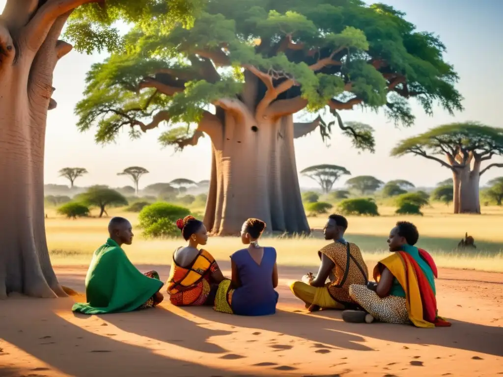 Grupo diverso debajo del baobab, en profunda discusión filosófica en la sabana africana