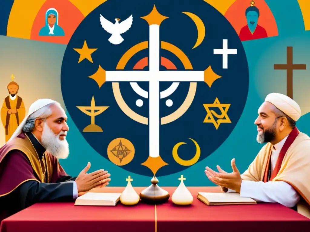 Grupo diverso en profundo diálogo interreligioso, rodeado de imágenes religiosas, transmitiendo armonía y respeto mutuo