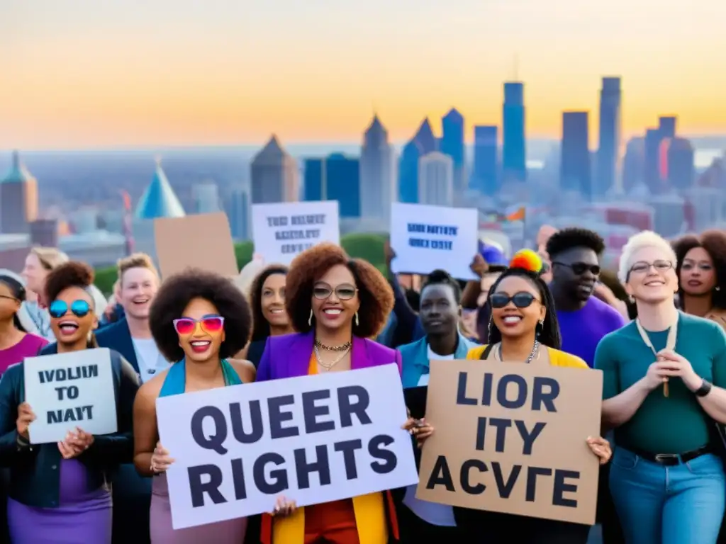 Grupo diverso en protesta por derechos queer, desafiando normas con claves filosóficas movimiento queer en ciudad de fondo
