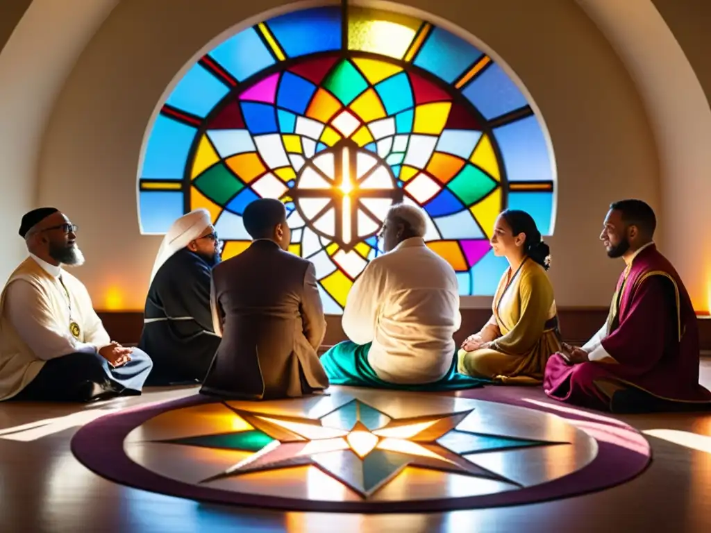 Grupo diverso dialoga respetuosamente representando distintas religiones, creando atmósfera de aceptación e intercambio interreligioso