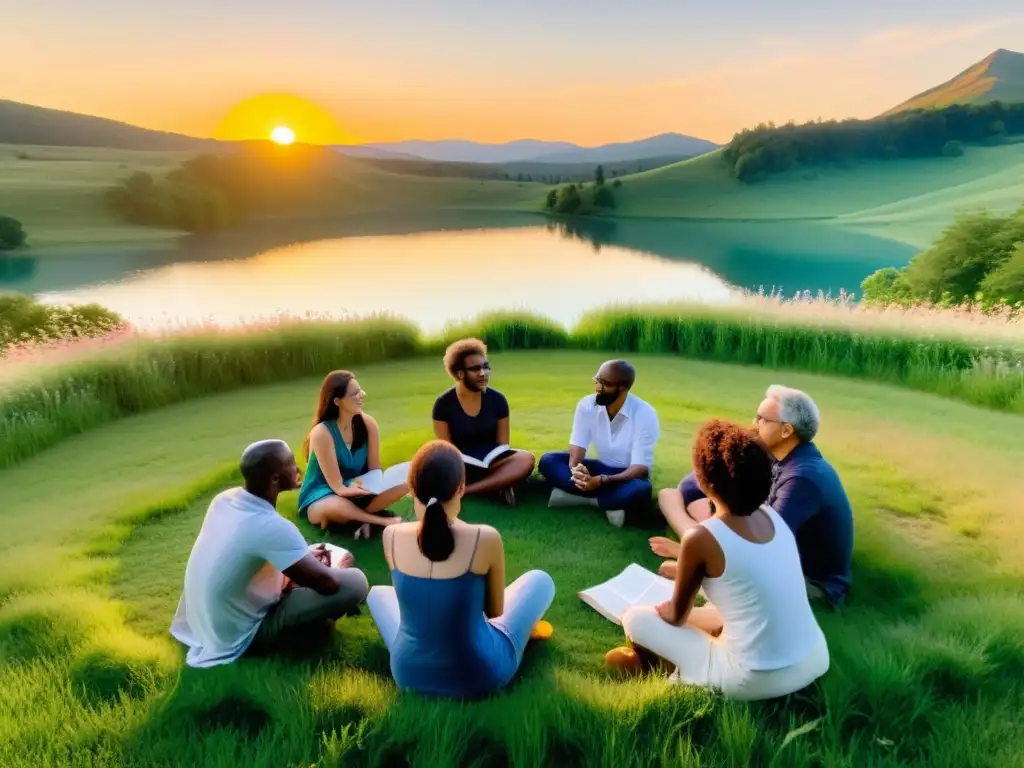 Un grupo diverso disfruta de un retiro filosófico alrededor del mundo en un prado verde con la puesta de sol y libros esparcidos