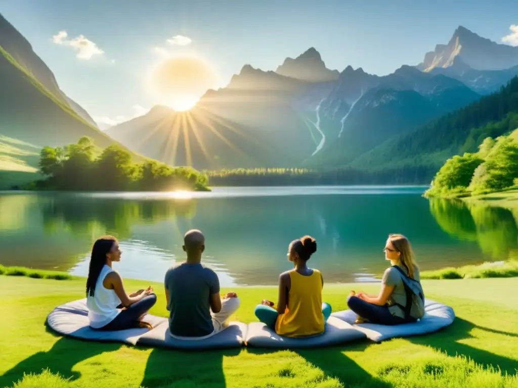 Un grupo diverso disfruta de un retiro filosófico en un prado verde, rodeado de montañas y un lago sereno, sumergidos en profundas discusiones