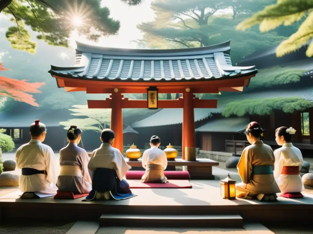 Un grupo diverso participa en un ritual Shinto en un tranquilo santuario al aire libre