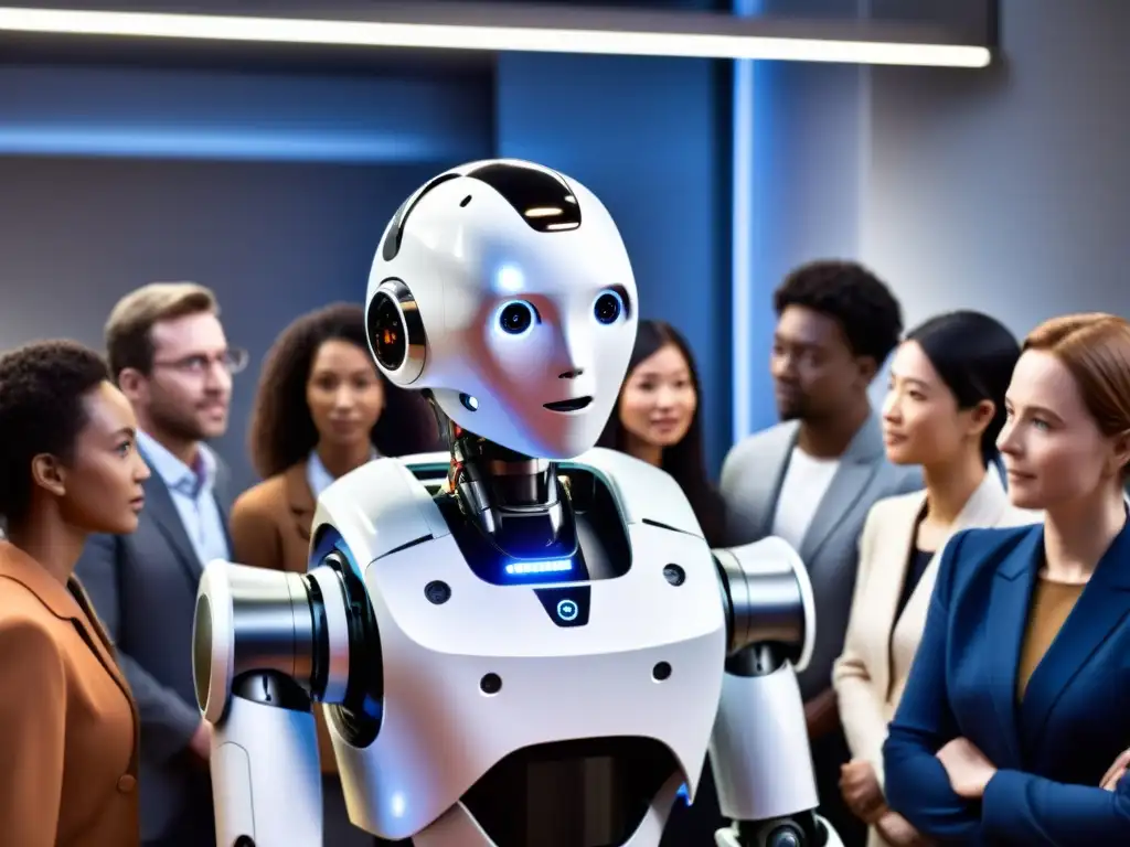 Grupo diverso rodea a un robot humanoide en laboratorio futurista, expresando empatía y conciencia en la IA ética