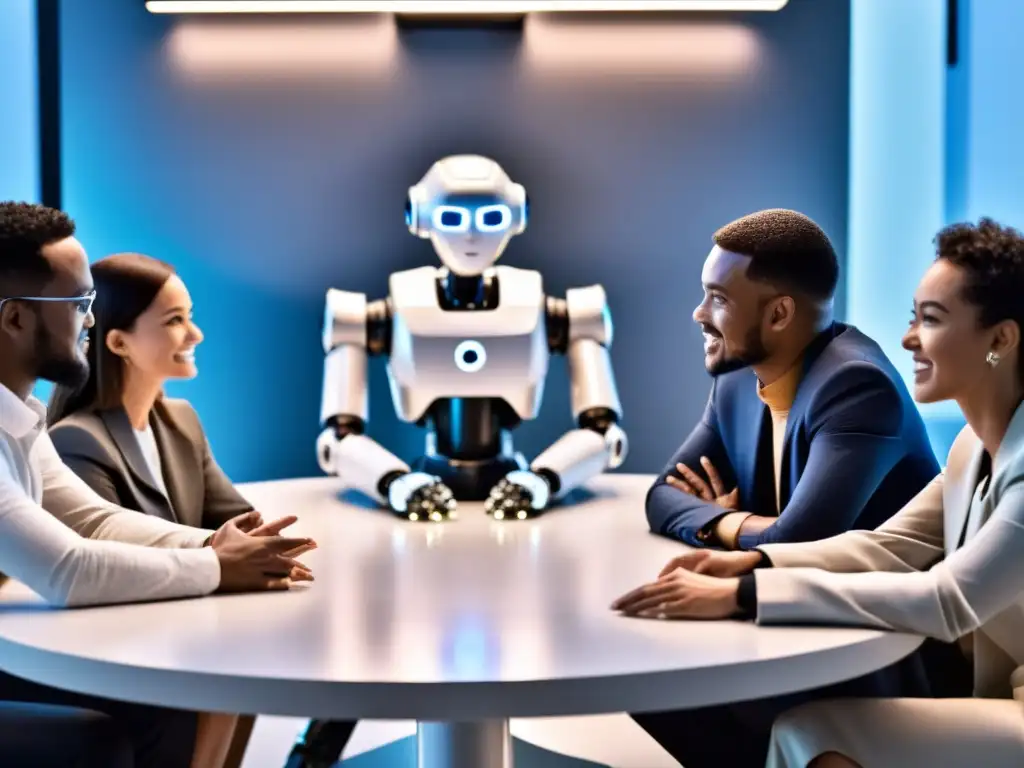 Grupo diverso y robots AI participando en conversación profunda