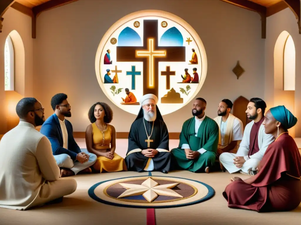 Grupo diverso dialoga respetuosamente rodeado de símbolos religiosos