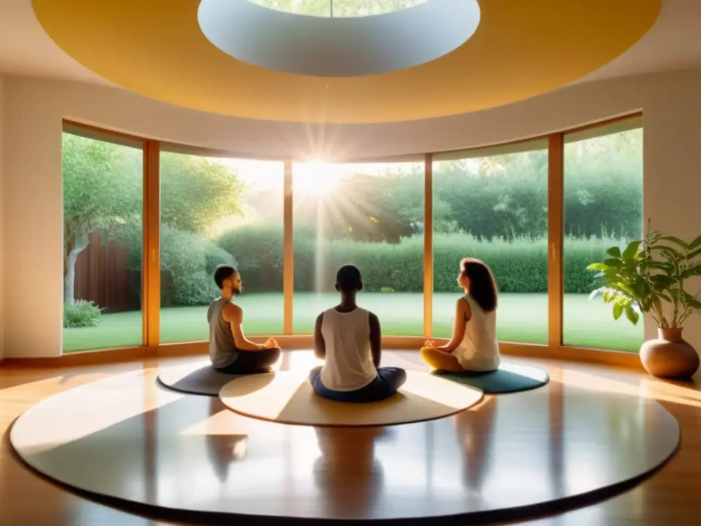 Grupo diverso practica mindfulness en sala iluminada con vista al jardín, Lecciones de Mindfulness para comunicación efectiva