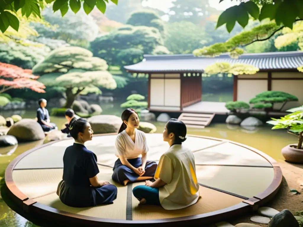 Un grupo diverso se reúne en un jardín sereno con un puente japonés al fondo, para dialogar filosóficamente entre Oriente y Occidente