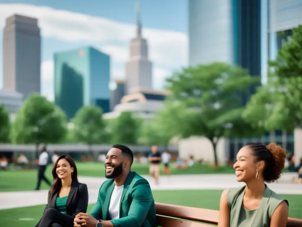 Un grupo diverso disfruta la vida en la ciudad, reflejando alegría y conexión