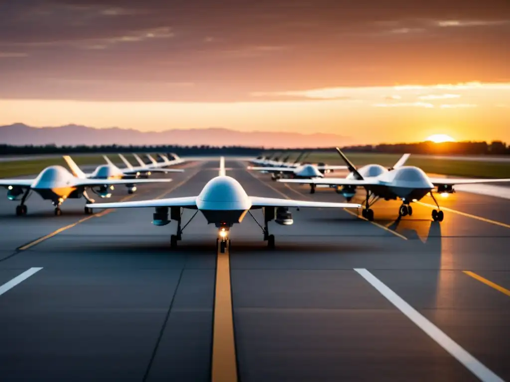 Un grupo de drones militares autónomos en una pista con un atardecer dramático, enfatizando la ética del combate con drones autónomos