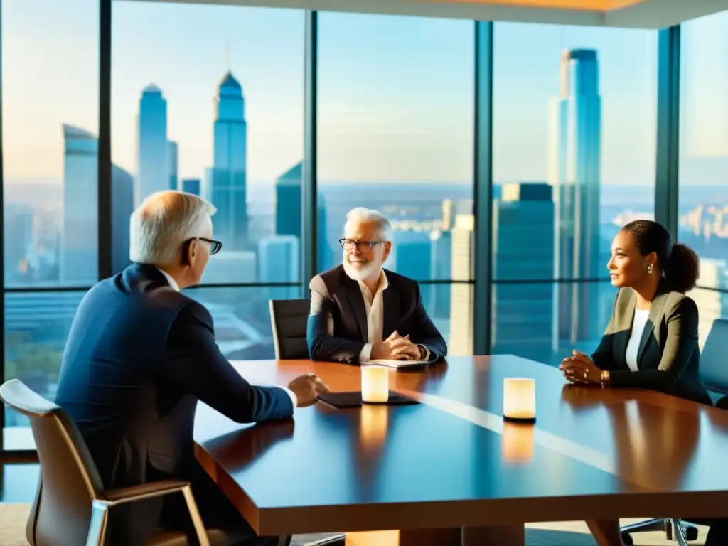 Grupo de ejecutivos de alta dirección discutiendo ética empresarial en moderna sala de juntas con vista a la ciudad