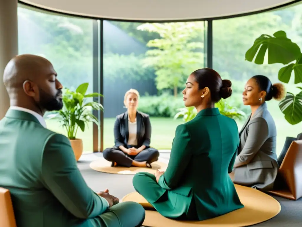 Un grupo de ejecutivos practica Mindfulness, con expresiones serenas y en un ambiente tranquilo