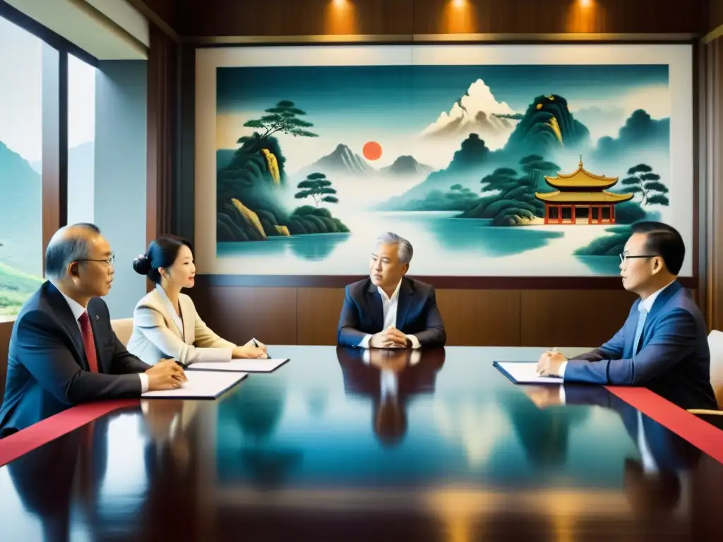 Un grupo de ejecutivos se reúne en una sala de juntas, fusionando la ética empresarial en Confucianismo con estrategias modernas de negocios