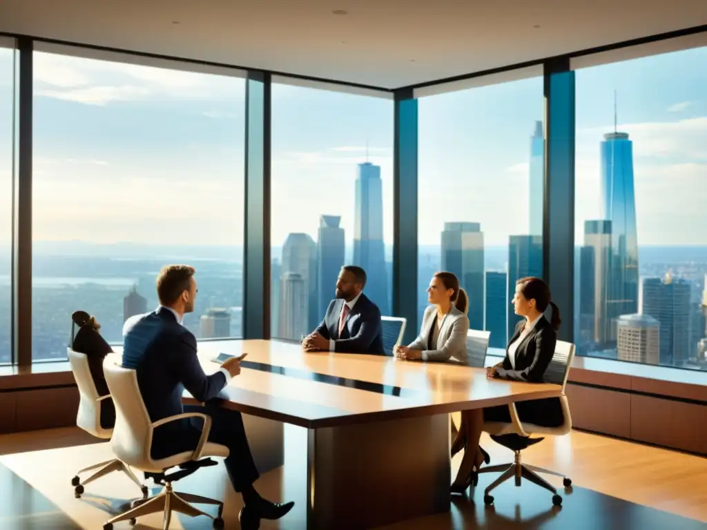 Grupo de ejecutivos debatiendo en una sala con luz natural y vista a la ciudad, transmitiendo deliberación ética en el entorno corporativo