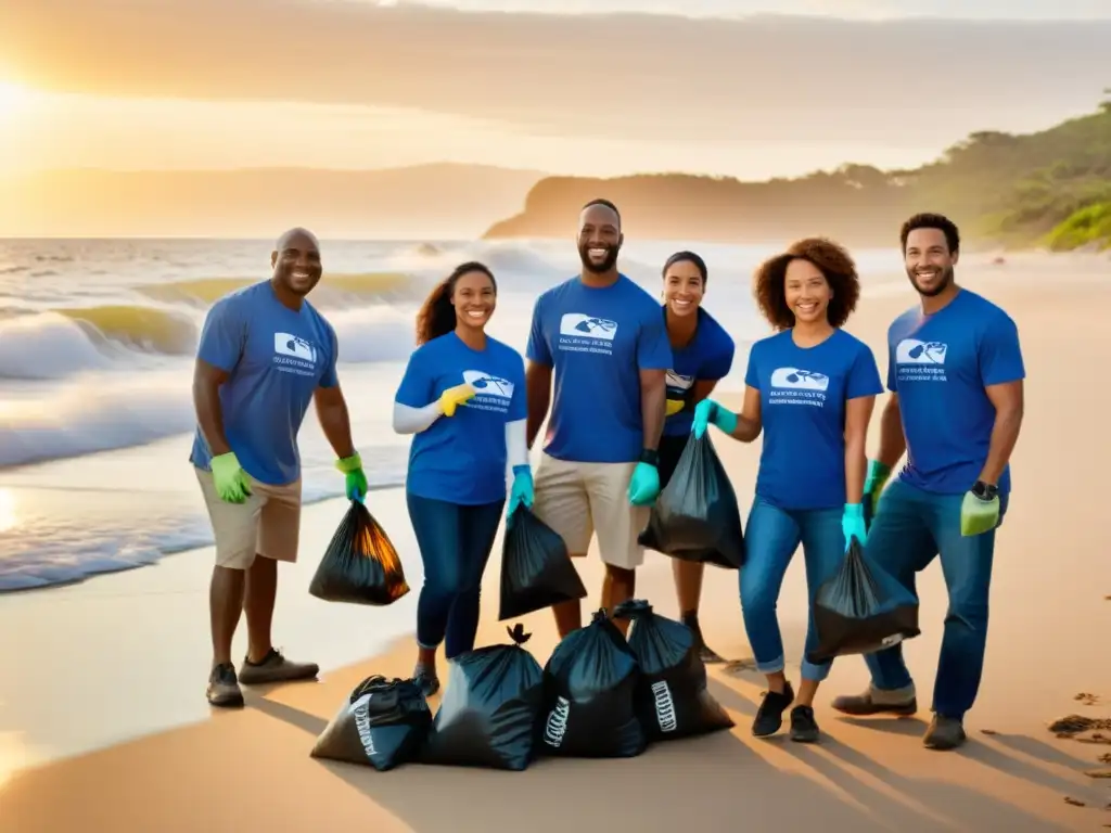 Grupo de empleados recogiendo basura en la playa al atardecer, reflejando una auténtica responsabilidad social corporativa