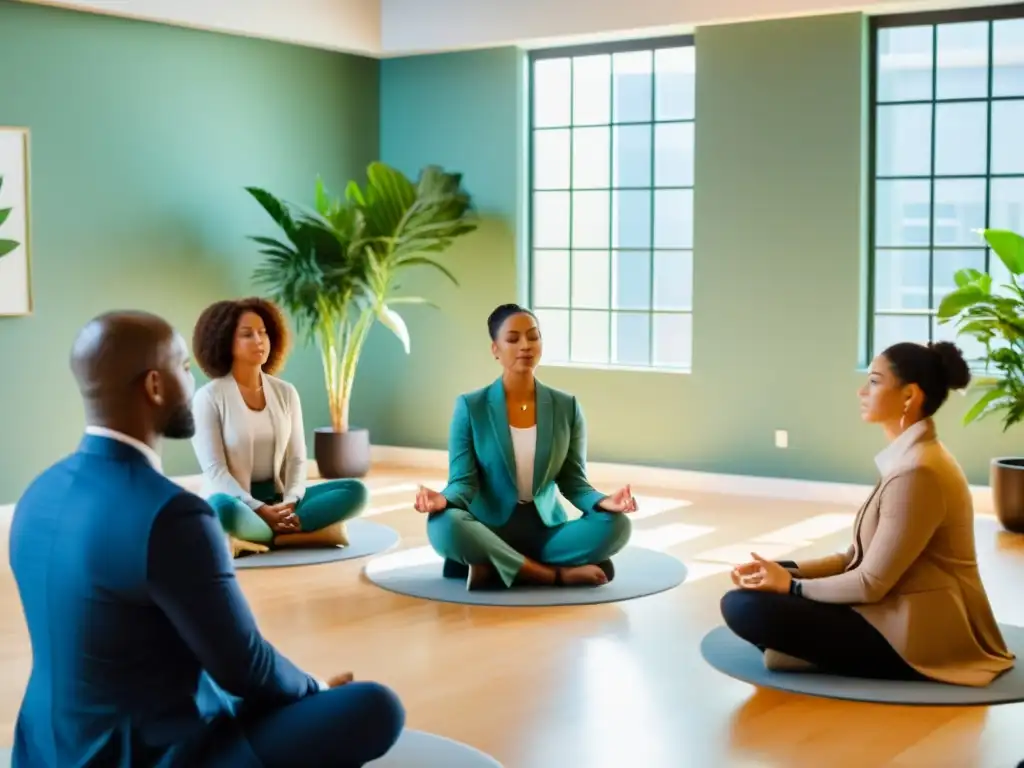 Grupo empresarial en entrenamiento de liderazgo consciente y mindfulness, guiados en meditación por un coach