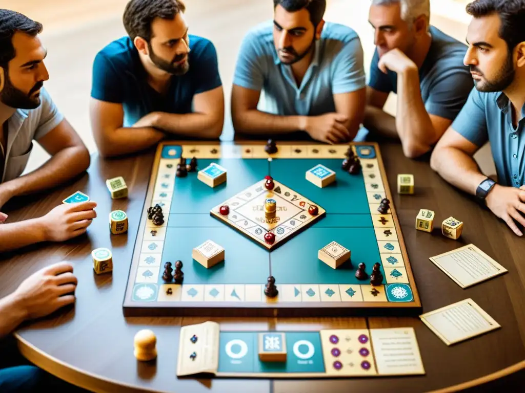 Un grupo de entusiastas de juegos de estrategia filosofía griega juega Agora, rodeados de libros y artefactos griegos, inmersos en el juego