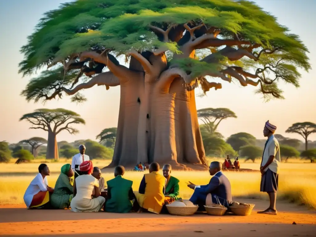 Grupo de eruditos debatiendo bajo un baobab en la sabana africana, en un escenario de sabiduría e historia para el pensamiento contemporáneo