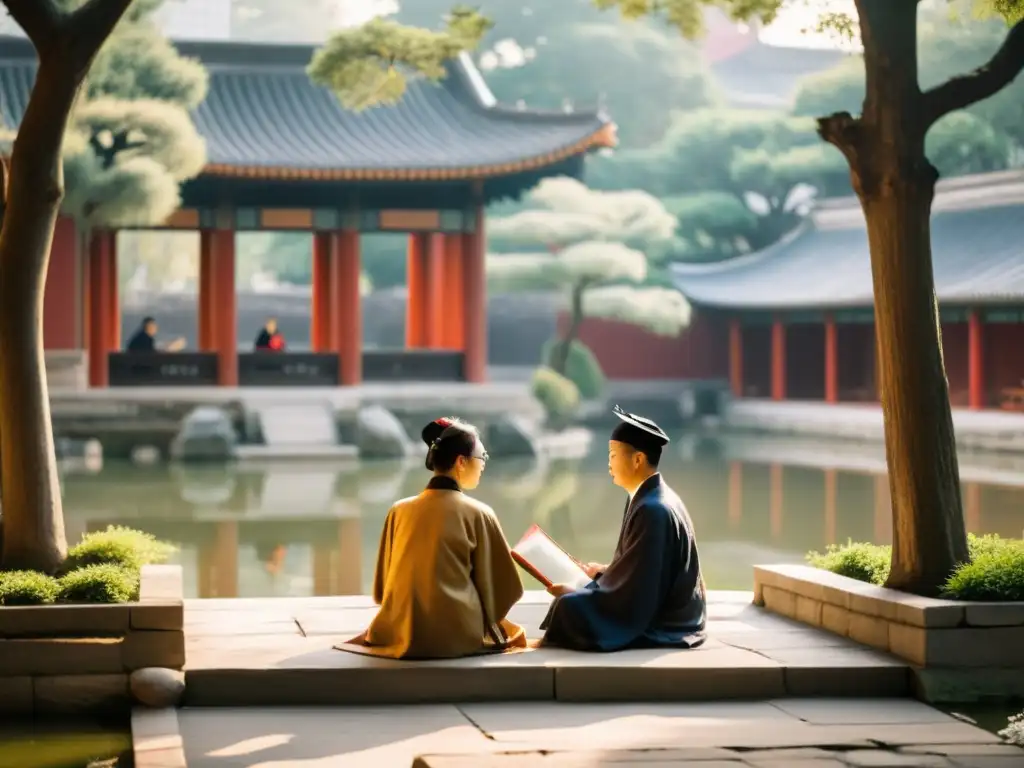 Un grupo de eruditos confucianos modernos discuten en un jardín chino tradicional, rodeados de antiguas estructuras