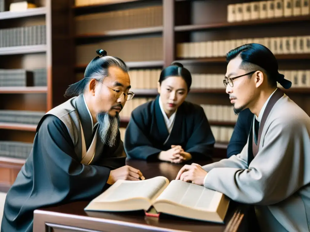 Grupo de eruditos contemporáneos inmersos en la discusión sobre el Confucianismo, rodeados de antiguos textos y artefactos