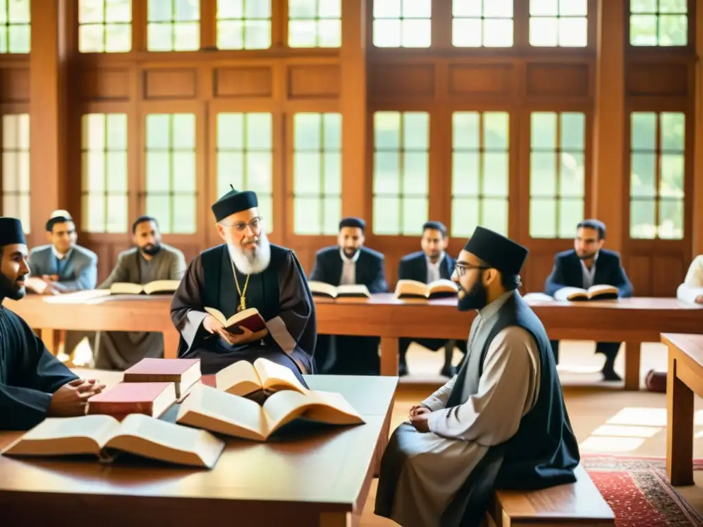 Grupo de eruditos debatiendo la filosofía de la jurisprudencia Sharia en una sala iluminada con libros y manuscritos en una mesa de madera