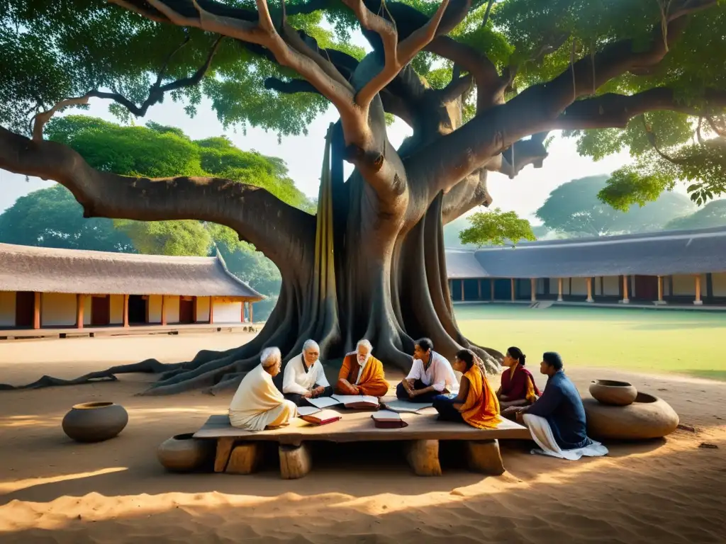 Grupo de eruditos y filósofos bajo un banyan en un ashram, explorando la filosofía hindú: caminos de exploración