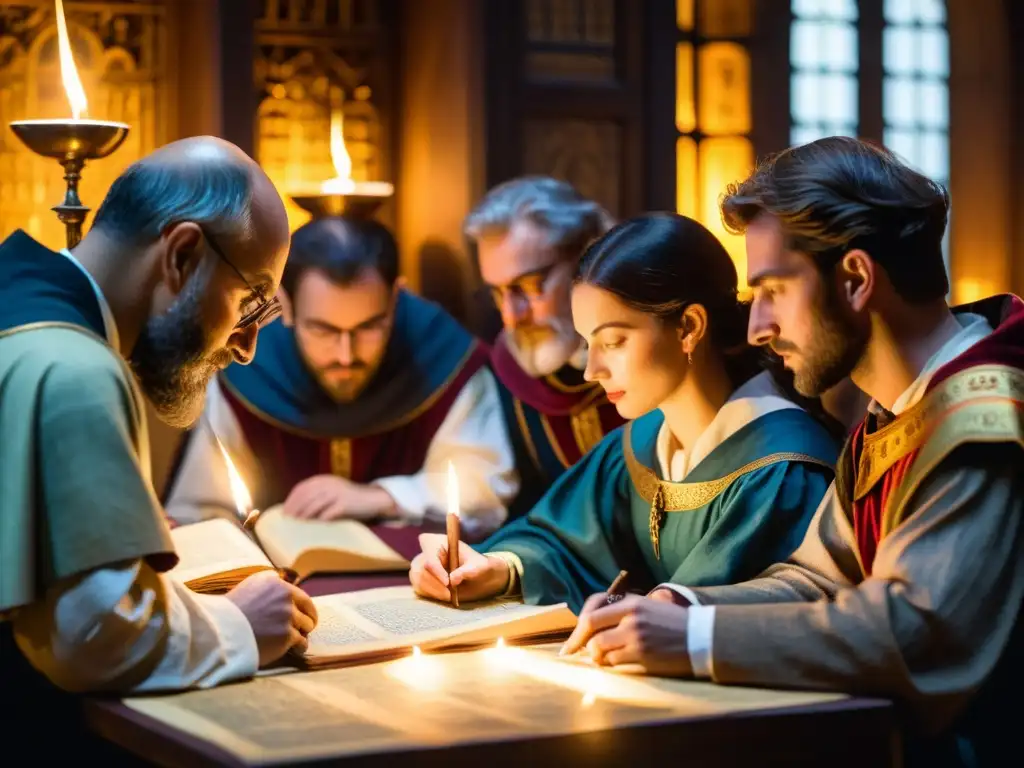 Un grupo de eruditos estudia detenidamente un manuscrito iluminado medieval en un scriptorium tenue, evocando la filosofía medieval en la educación