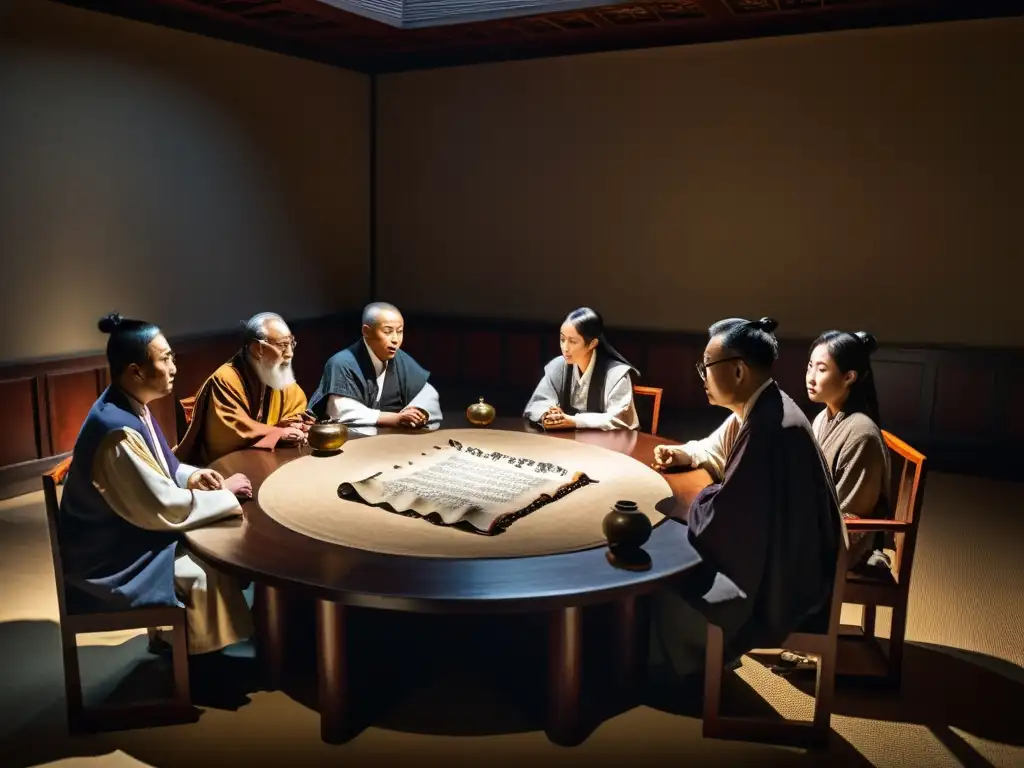Grupo de eruditos debatiendo en una mesa redonda, rodeados de pergaminos y artefactos antiguos