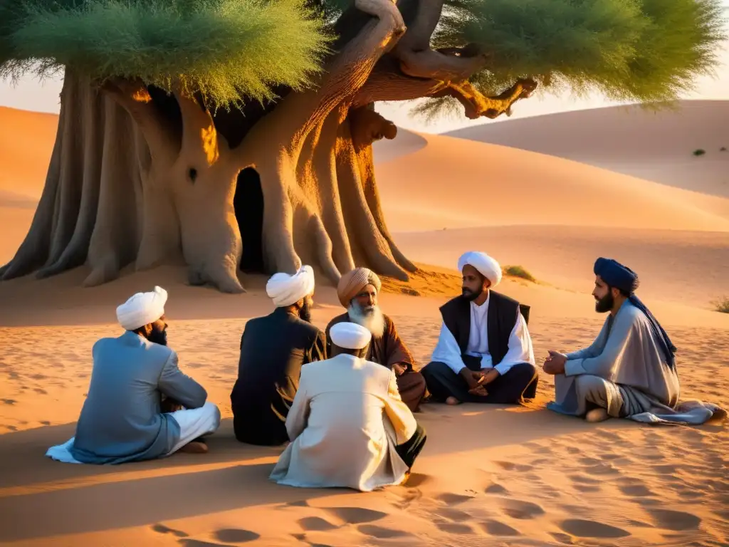 Grupo de eruditos sufíes en profunda contemplación bajo un árbol antiguo en el desierto del norte de África al atardecer