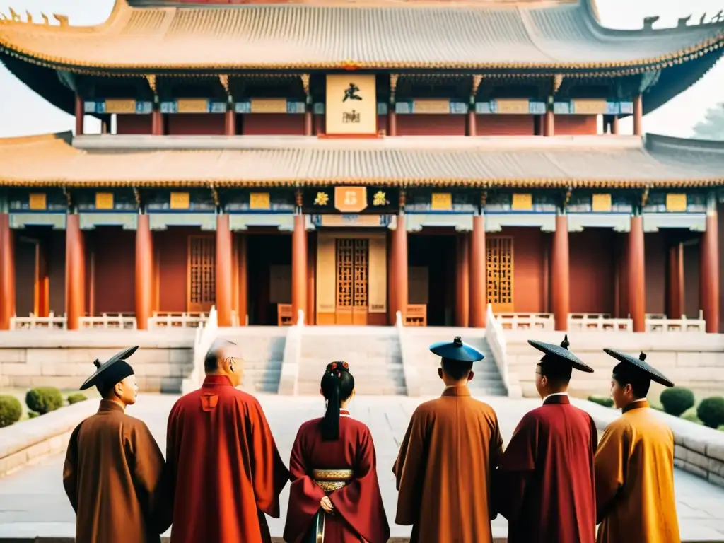 Grupo de eruditos en túnicas chinas tradicionales frente al antiguo Templo de Confucio en Qufu, inmersos en una profunda discusión