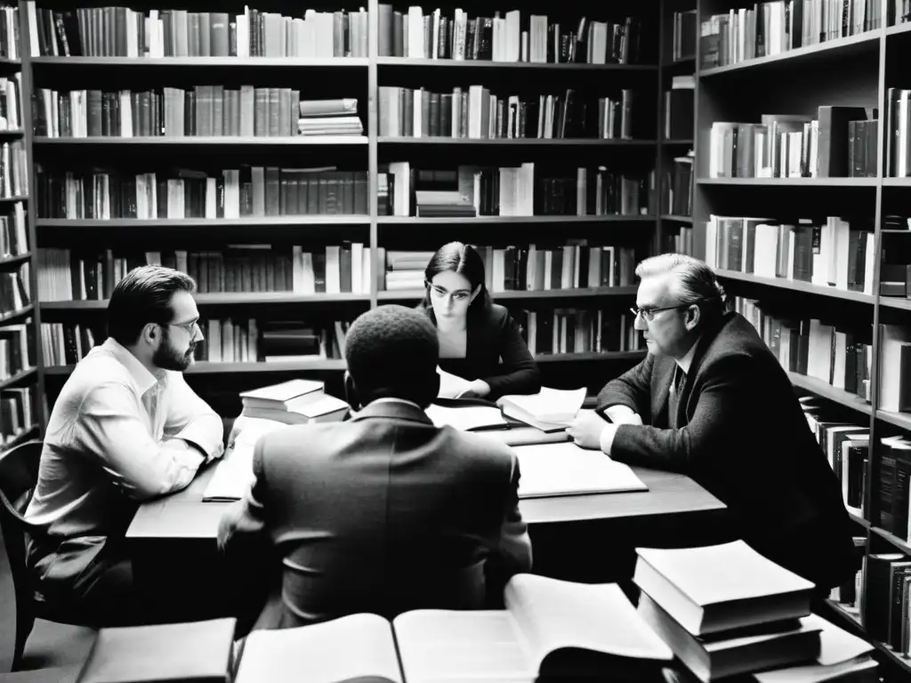Un grupo de escritores discutiendo intensamente en una habitación llena de libros y papeles, rodeados de estanterías con textos filosóficos