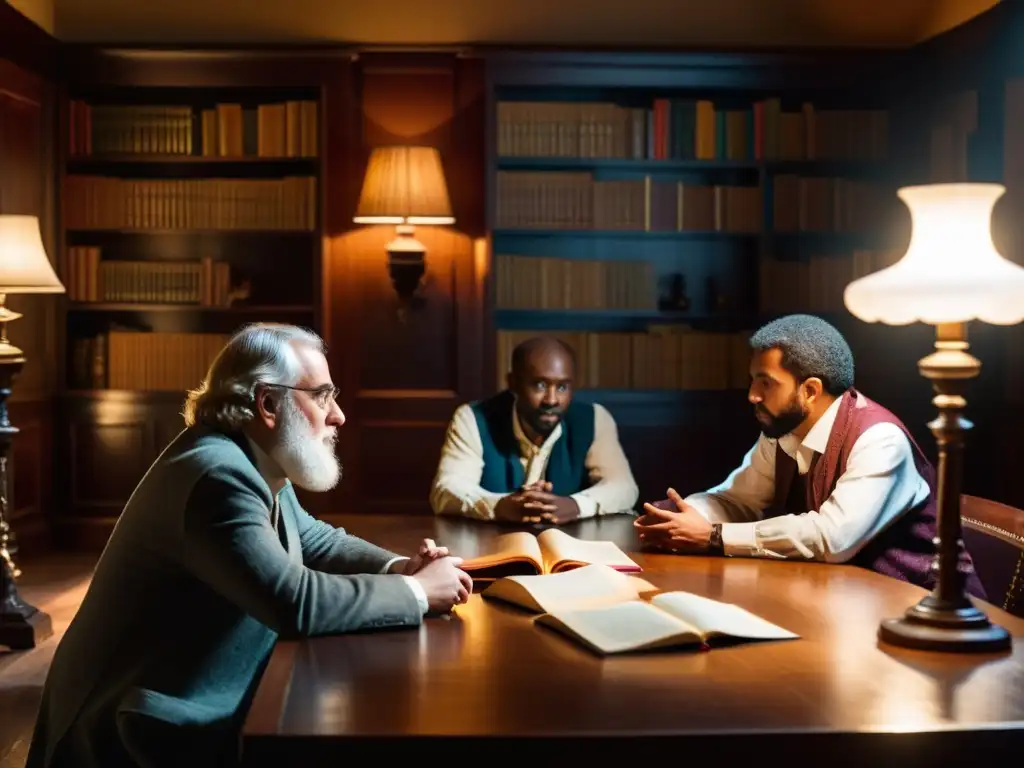 Un grupo de filósofos discuten estrategias de pensamiento lateral en una habitación llena de libros y papeles, iluminada por lámparas antiguas