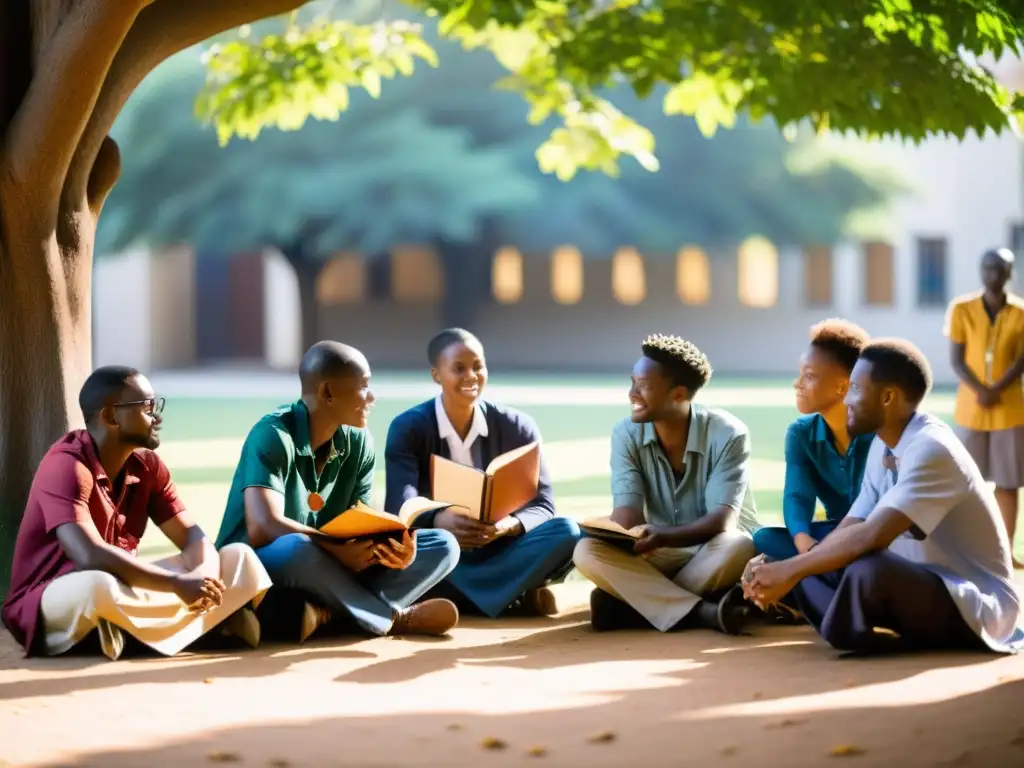 Grupo de estudiantes escuchan al filósofo africano en animada discusión bajo un árbol en el campus universitario