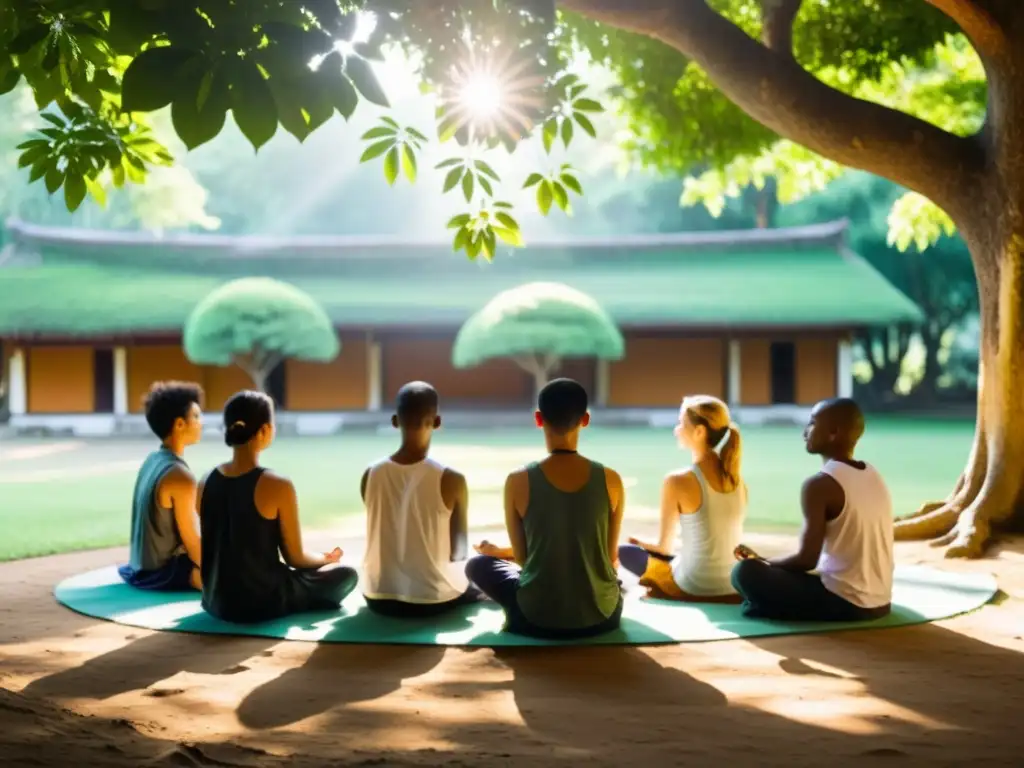 Un grupo de estudiantes medita bajo un árbol bodhi en un monasterio, rodeados de verdor y luz solar