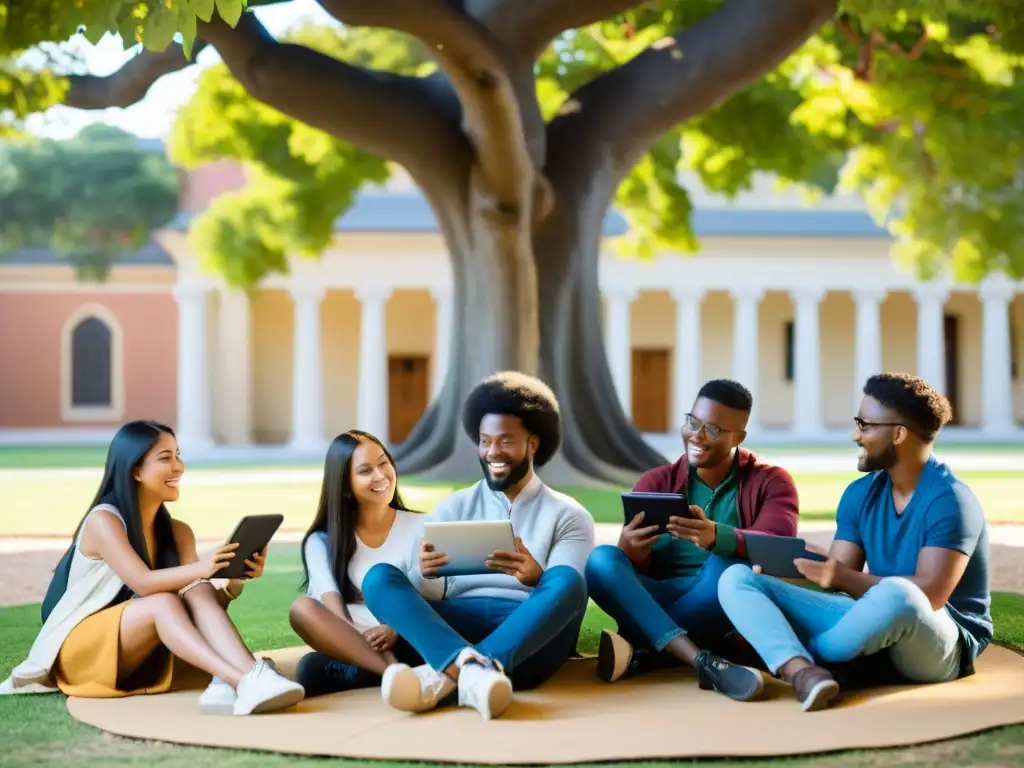 Un grupo de estudiantes diversos discuten apasionadamente bajo un árbol en el campus, mientras exploran Apps de filosofía para aventura