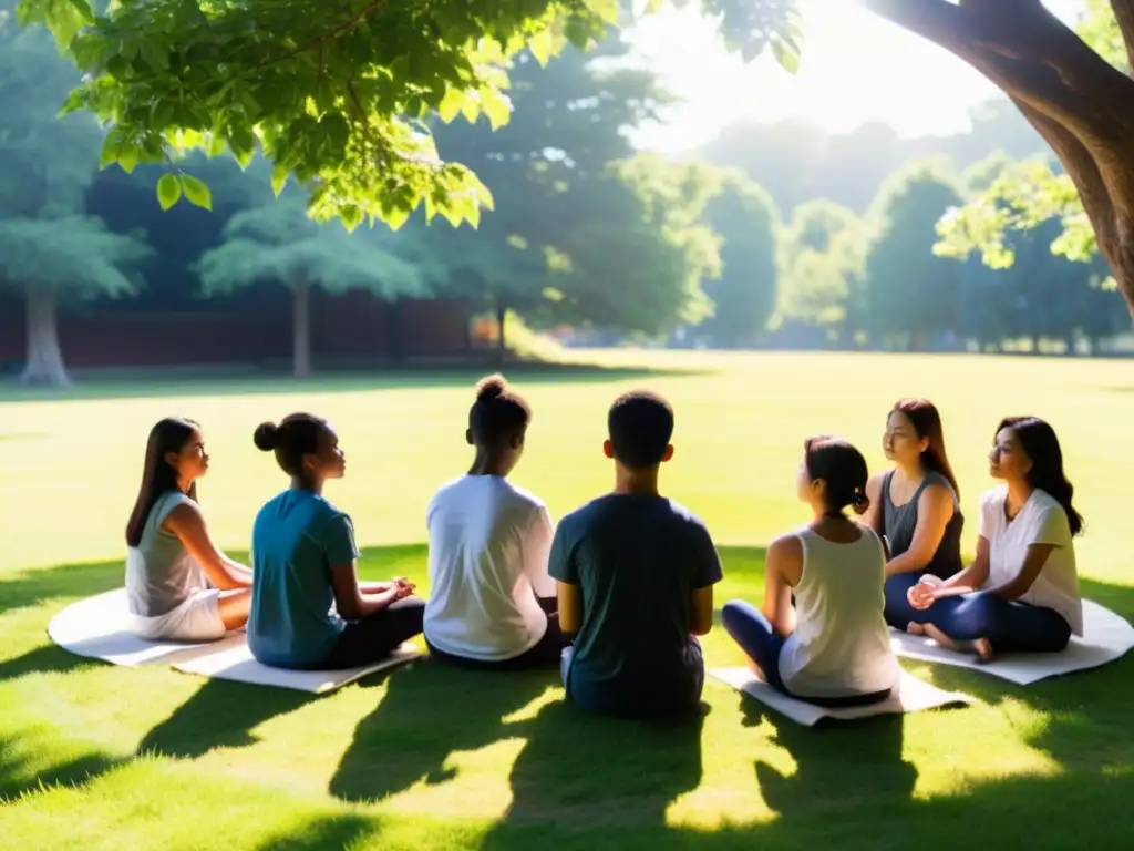 Grupo de estudiantes en círculo, practicando meditación mindfulness con su maestro en un campo