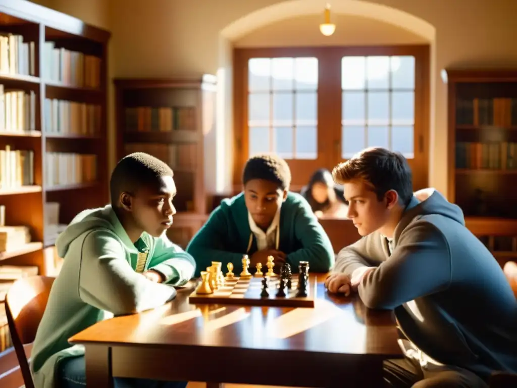 Un grupo de estudiantes concentrados juega ajedrez bajo la luz del sol