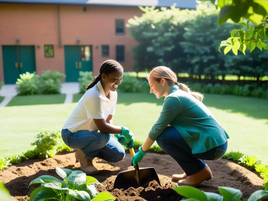 Un grupo de estudiantes implementando ecología profunda en educación, plantando en un jardín escolar bajo la luz del sol filtrándose entre los árboles