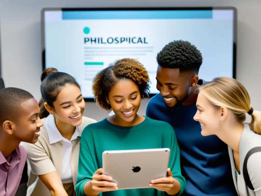 Un grupo de estudiantes entusiasmados resolviendo misterios filosóficos con apps educativas en un aula moderna