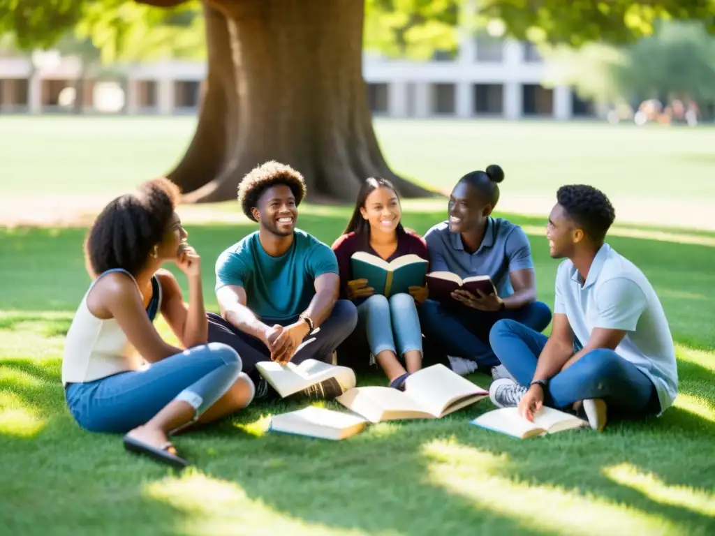 Grupo de estudiantes diversos debatiendo filosofía bajo un árbol