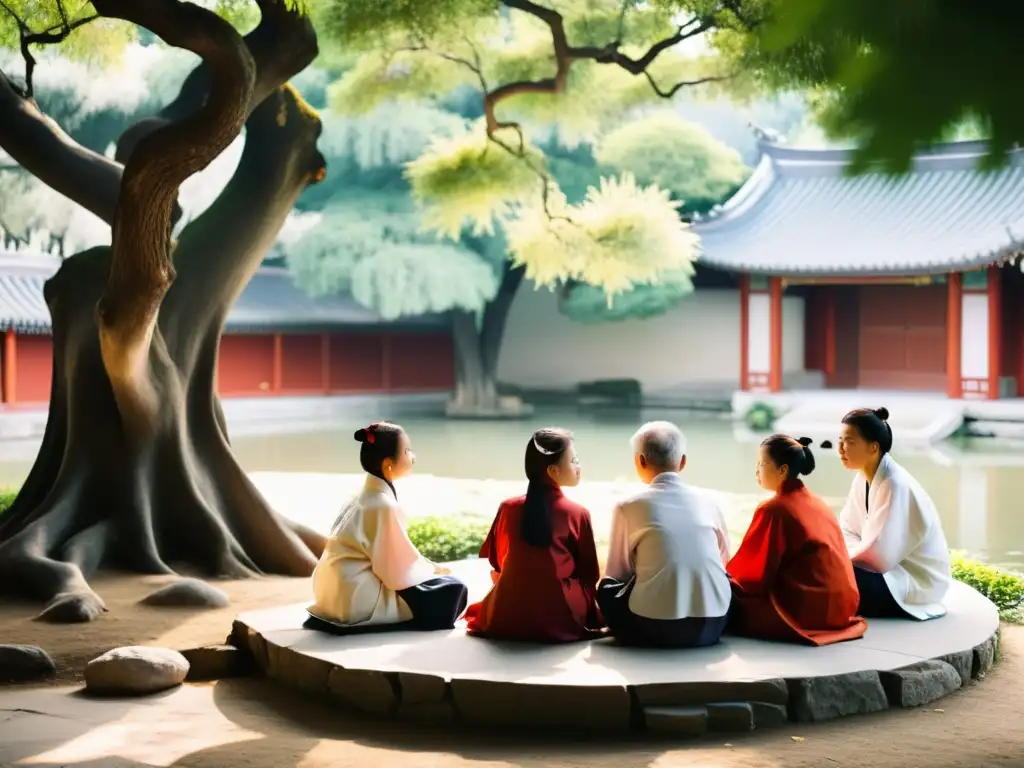 Un grupo de estudiantes jóvenes en túnicas confucianas, aprendiendo de su anciano maestro en un jardín chino tradicional