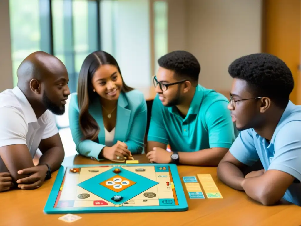 Un grupo de estudiantes juega un juego de mesa para desarrollar habilidades dialécticas, inmersos en una animada discusión