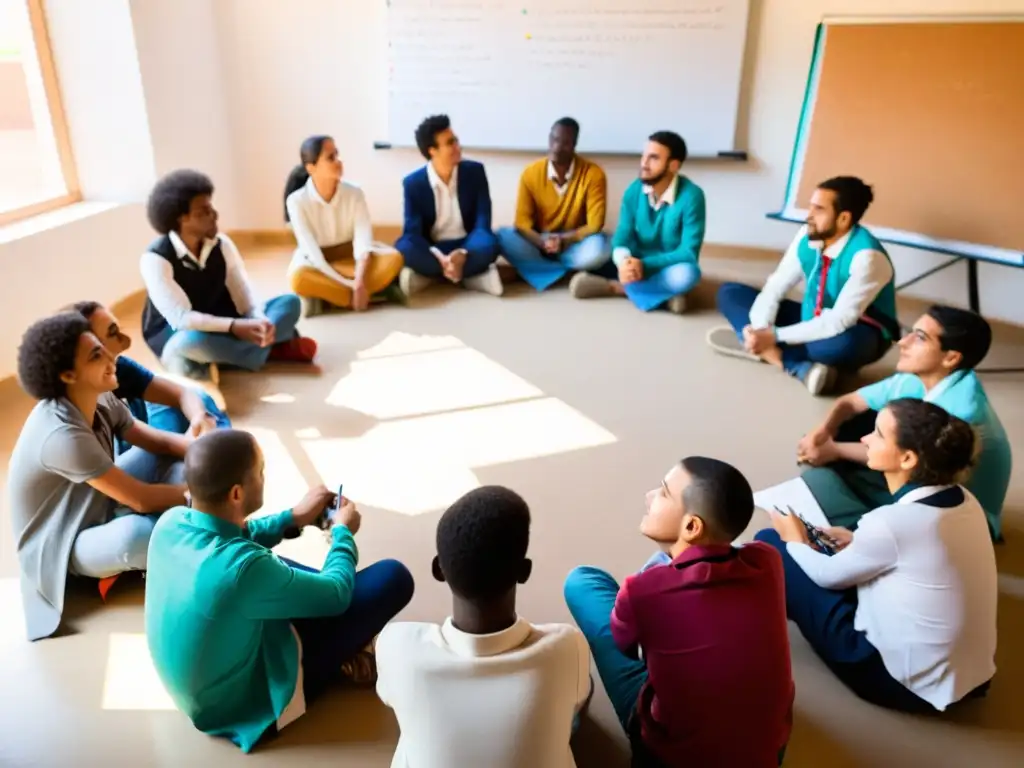 Un grupo de jóvenes estudiantes norteafricanos se reúnen en un aula moderna, iluminada por el sol, para discutir
