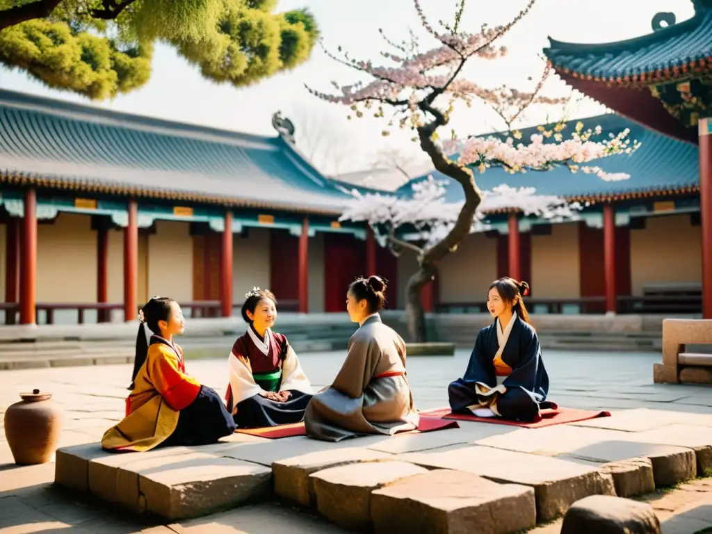 Un grupo de jóvenes estudiantes se reúnen en un patio chino tradicional, rodeados de antiguas esculturas de piedra y cerezos en flor